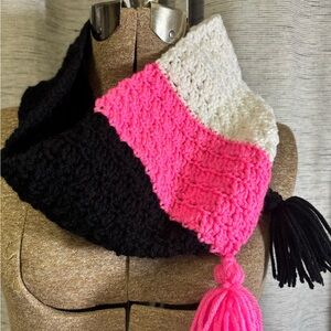 Stylish Handmade New - Pink, White, and Black Crocheted Neck Scarf
